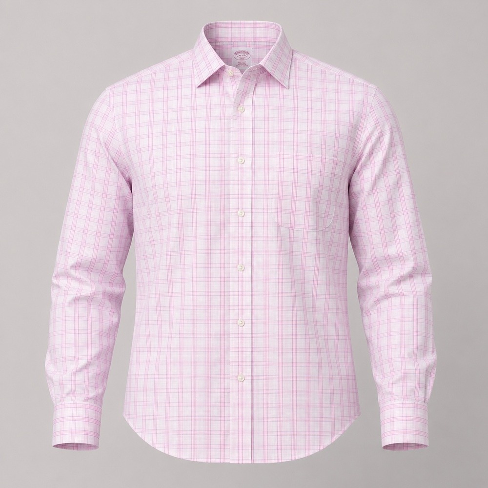 Brooks Brothers Men 16 Pink Plaid Non-Iron Cotton Regular Fit Dress Shirt Preppy
